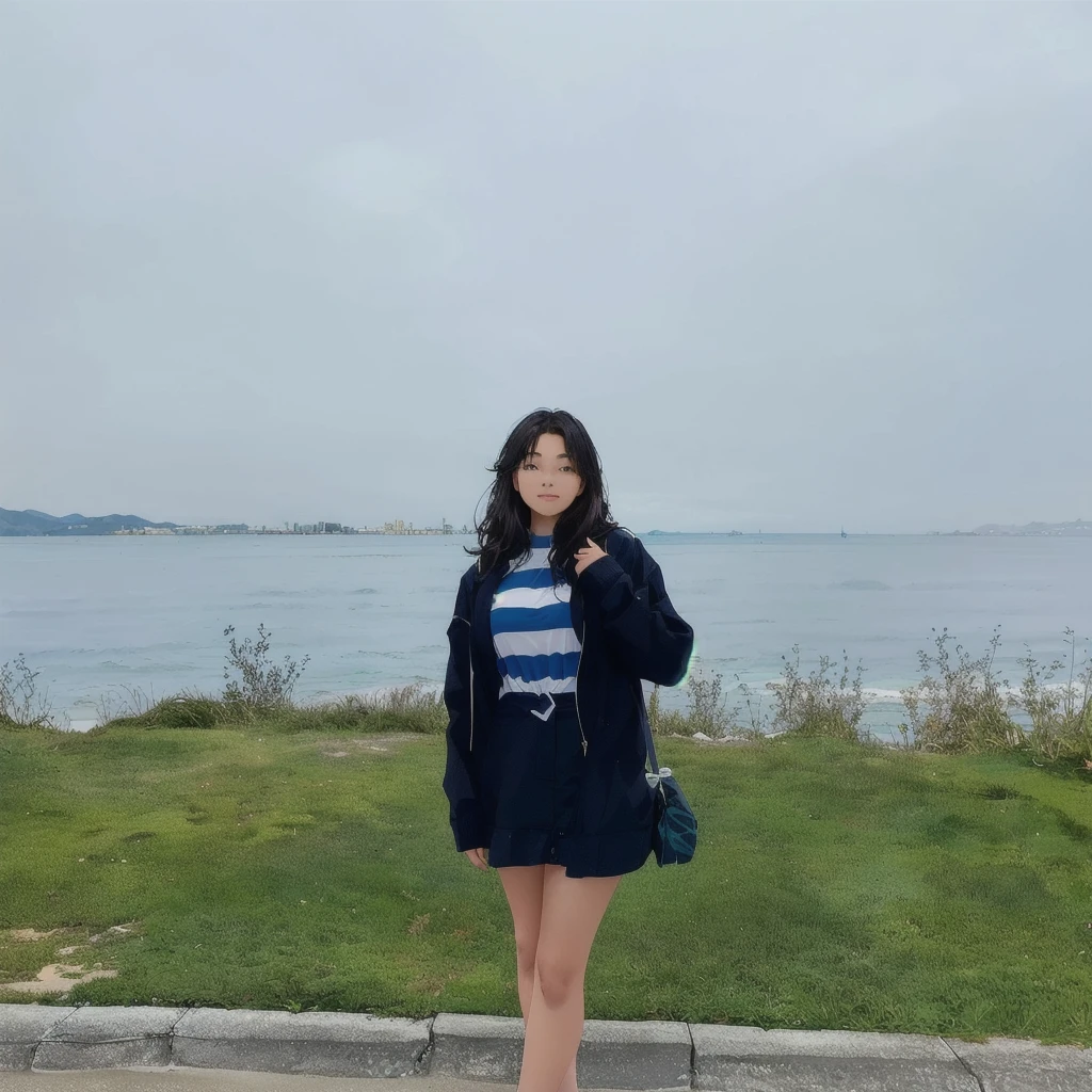 there is a woman standing on a sidewalk near the water, the ocean in the background, ocean in the background, standing beside the ocean, standing next to water, lake in the background, standing at the beach, at the sea, standing near the beach, near a jetty, casual pose, with a park in the background, very very higquality picture naked