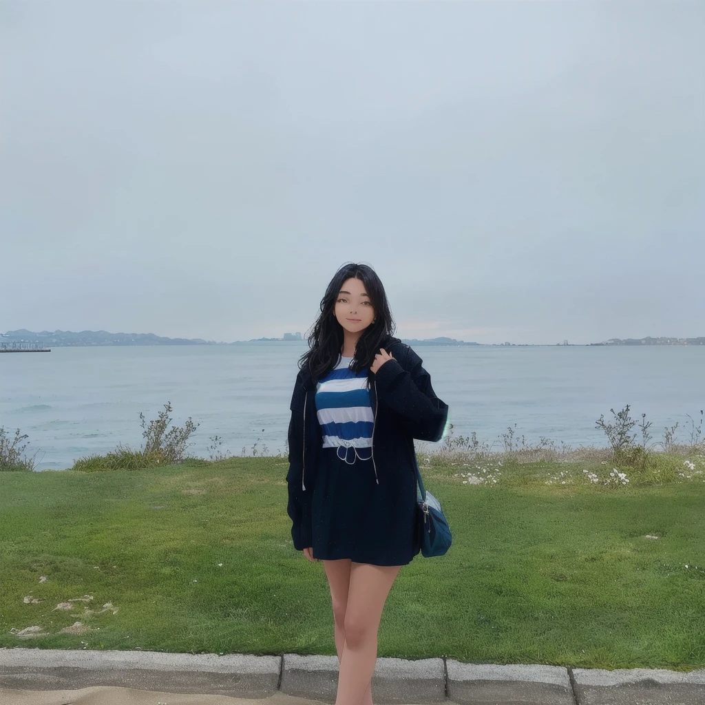 there is a woman standing on a sidewalk near the water, the ocean in the background, ocean in the background, standing beside the ocean, standing next to water, lake in the background, standing at the beach, at the sea, standing near the beach, near a jetty, casual pose, with a park in the background, very very higquality picture naked