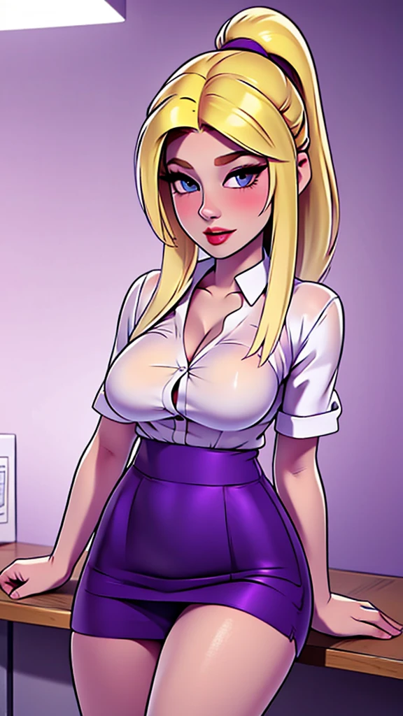 A sexy sensual woman beautiful beautiful attraction big breast long blonde yellow hair her gray eye wears a white button-down office shirt and a short purple skirt