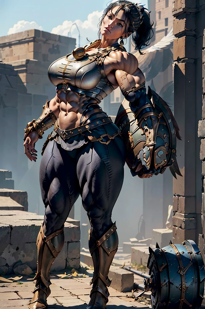 (Best lighting) , (Very intricate details) , 4K Integration, (Super fine CG: 1.2) , (8K: 1.2),(original), (masterpiece) , (Highest quality),(masterpiece:1.4),((Full images))、Photo quality,(masterpiece),masterpiece, Highest quality, Absurd,((Masterpiece, 4K, 8K, High resolution)),(masterpiece), (Highest quality), (Super detailed), (Very delicate and beautiful), ((Full body image 1:1.5)), 1 female, The face of a 40-year-old Western woman、A beautiful, well-balanced face、 ((A woman with a muscular body like a male bodybuilder)),((Huge muscular physique))、((A 200cm tall woman))、((Beautiful woman)),((Woman warrior)),45 year old woman, Wearing Valkyrie Metal Armor、 (Sleeveless Armor)、((Metal armor that resembles a thick chest and abdominal muscles))、((Metal armor covering the upper body))、Valkyrie's Helmet、Very strong legs、((Long boots with pin heels))、((kneehigh 、Medieval streetscape,Strength and elegance,Solemn atmosphere,((The Queen's Appearance))、((The Strongest Queen of Mankind))、(Huge muscular physique),((Protruding veins))、((A woman with a toned chest like a male bodybuilder))、Raised trapezius muscle、very thick neck、((Strong arms with bulging biceps))、A muscular chest、Six-pack、((Thick thighs with bulging muscles))、((Bicep-like calf muscles))、Overflowing with incredible strength、Muscles bulging out from under the force of force all over the body、Black Hair、ponytail、A commanding presence,Poses that show off their monstrous power,Model standing、Standing with dignity、Vibrant colors,Down to the smallest thread,Impressive level textures,Sharp focus,Rich and realistic backgrounds,Magnificence and grandeur,((A strong Valkyrie captain)),((A powerful Valkyrie captain)),