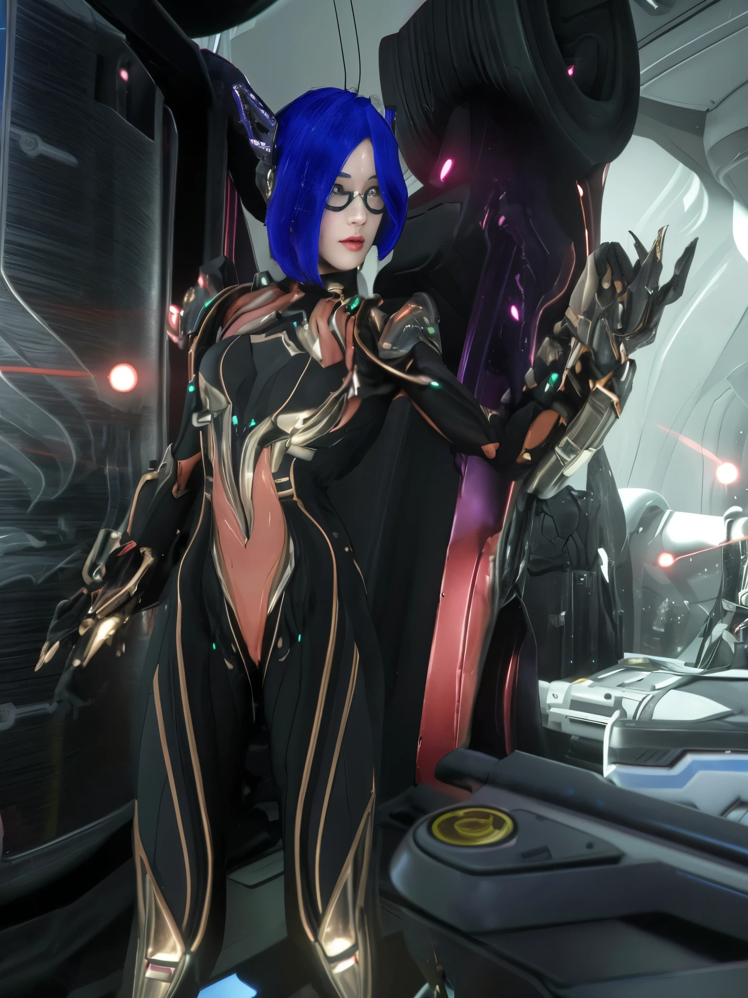 there is a woman in a futuristic suit in a spaceship, of a beautiful female warframe, de um lindo warframe saryn, sharp silver armor fuchsia skin, sigma female, thick, smooth warframe thighs, detailed warframe, 4k ray tracing, 4k ray tracing, dressed in cybernetic armor, Exoskeleton Armor, cyborg goddess in cosmos