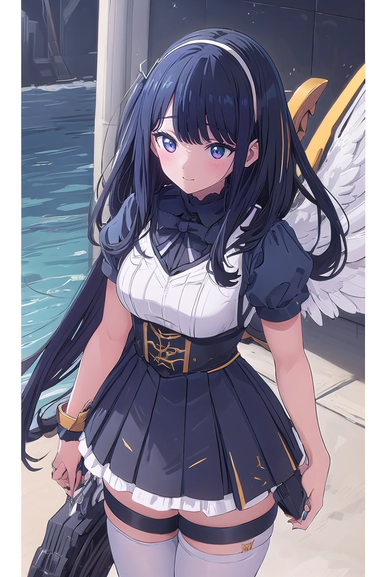 Mecha Wings、Black Skirt、sword、Accentuated thighs、White tights、chest、Black Hair、1 girl、solo girl、Thick thighs、is、Frame Arms Girl、Alice Gere Aegis、income、headphone、hand on own chest、smile、idol costume