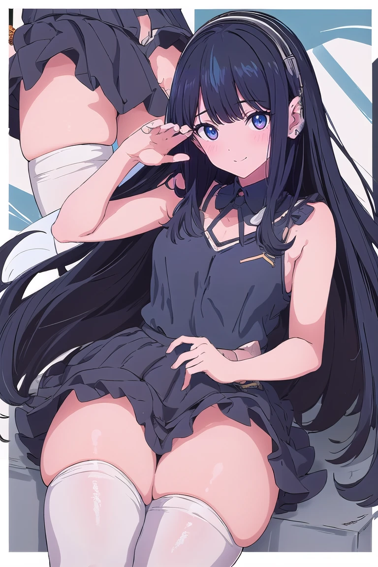 Mecha Wings、Black Skirt、sword、Accentuated thighs、White tights、chest、Black Hair、1 girl、solo girl、Thick thighs、is、Frame Arms Girl、Alice Gere Aegis、income、headphone、hand on own chest、smile、idol costume