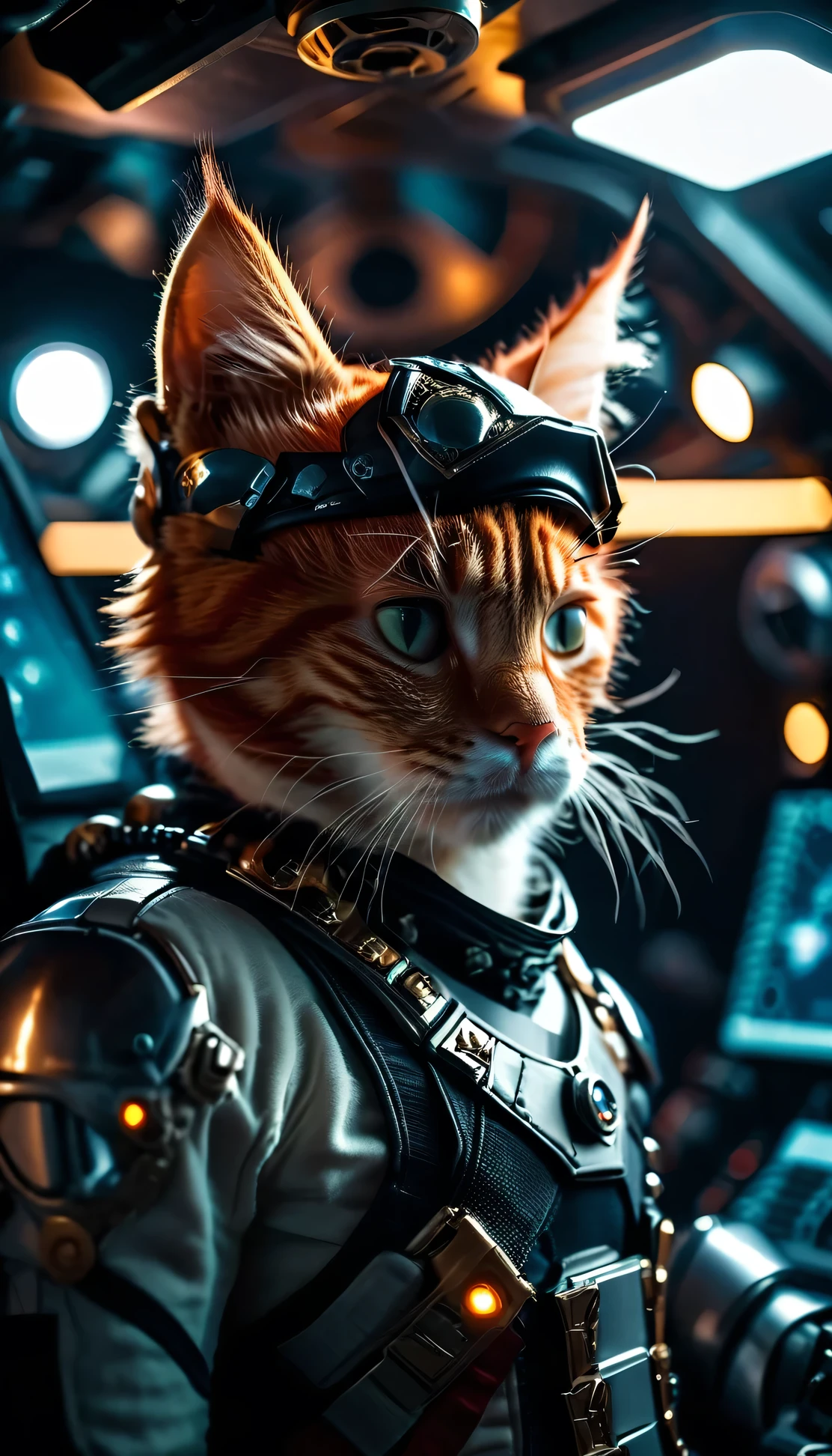 cinematic photo a detailed Award-winning photo, Cute red-haired cat space pirate in his spaceship ,Realistic fur, tooth , anger, Have a big futuristic gun, Epic pose, High quality photos, 3-point lighting, flash with softbox, 4K, Canon EOS R3, High resolution, Smooth, Sharp focus, High resolution, Award-winning photo, 80mm, F2.8, Bokeh . 35mm Photography, movie, Bokeh, Professional, 4K, Very detailed