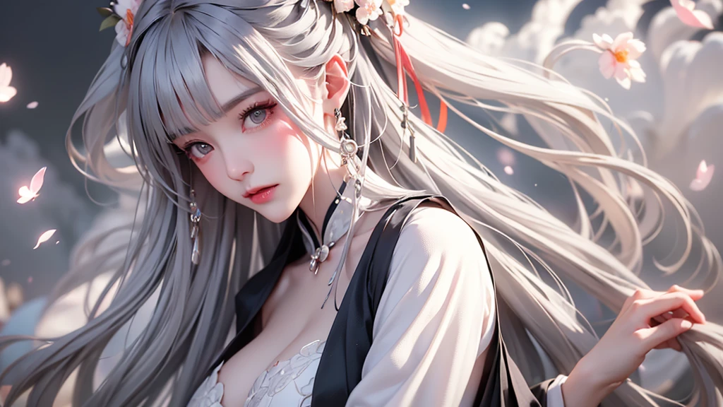 super high quality, masterpiece, Perfect illustration, Very detailed (Exquisite light and shadow, Very dramatic photo,Backlight) , ((Gray Hair:1.5))1 Girl,(( alone:1.6)), (Wearing Han clothes, Black and white Hanfu,Monotony,Long sleeve) Flower Field, Flowers, (White smoke:1.3) (Realistic:1.4), Zen Intertwining, Tangled, Official Art, unity 8k wallpaper, Very detailed, Beautiful and beautiful, masterpiece, Highest quality, (Dynamic Angle: 1.4), Glowing Skin, (Floating colorful flashes: 1) The most beautiful chaotic shapes, elegant, Brutalist Design, Bright colors, Romantic Depth of Field Exotic_dance, half_naked、Expose your shoulders、Ample breasts、Great cleavage、