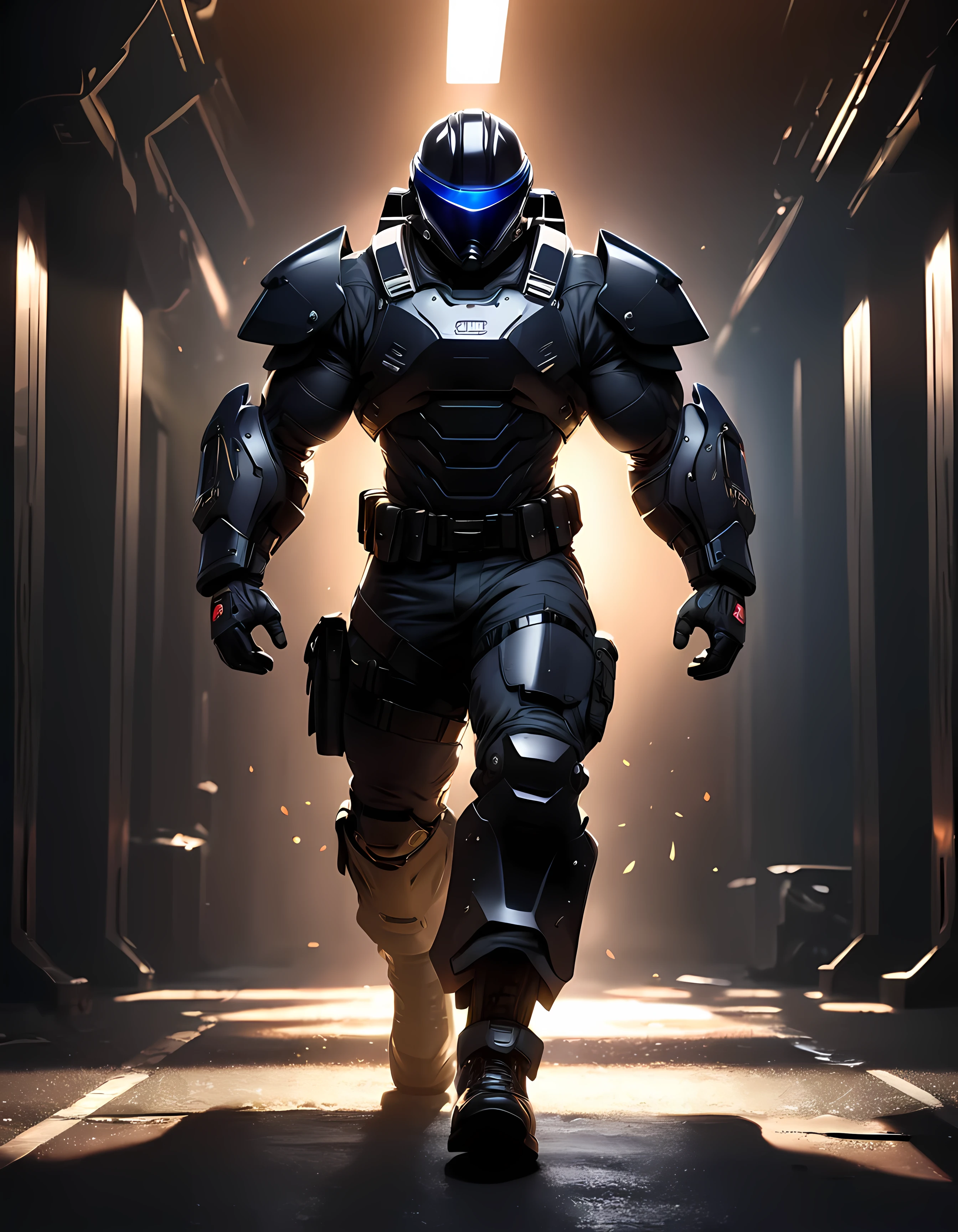 High-resolution anime digital art, Masterpiece, Man Big Body, Wearing FBI Uniform, wear Black Riot Helmet, muscular body, walking, Full Body, cinematic lighting, dramatic shadows, intricate, chiaroscuro, moody atmosphere, powerful presence, tactical gear, hyper detailed, sharp focus, physically-based rendering, black background.