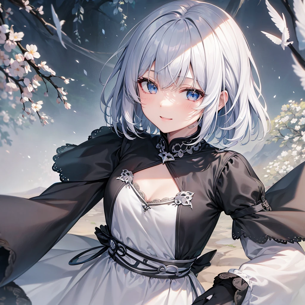 Ultra HD,Look at the viewers, Put your hands behind your back, With a girl, 20-year-old, 非常にShort Hair, Long bangs between the eyes, Pale blue eyes, Very detailed,(masterpiece、Highest quality),Gray Hair、Laughter、Fantastic, Silver Hair, Iris, Short hair、 Fluttering Hair、Small Face、明るいsmile、(Detailed face) ,Professional Lighting,Wonderful landscape,blue sky, sunlight,Looking down from above,Portraiture、Open your mouth、Flower Field、Her eyes were shining、Mysterious and enchanting atmosphere。With AI Painting、とてもShort Hair, Long bangs between the eyes, Very detailed,(masterpiece、Highest quality)、alone、Gray Hair、Fantasy, Silver Hair, Fantasyな風景、White shirt、smile、Open your mouth、short hair、Short Hair、hairpin、black eye、Grey Eyes、Beautiful Eyes、