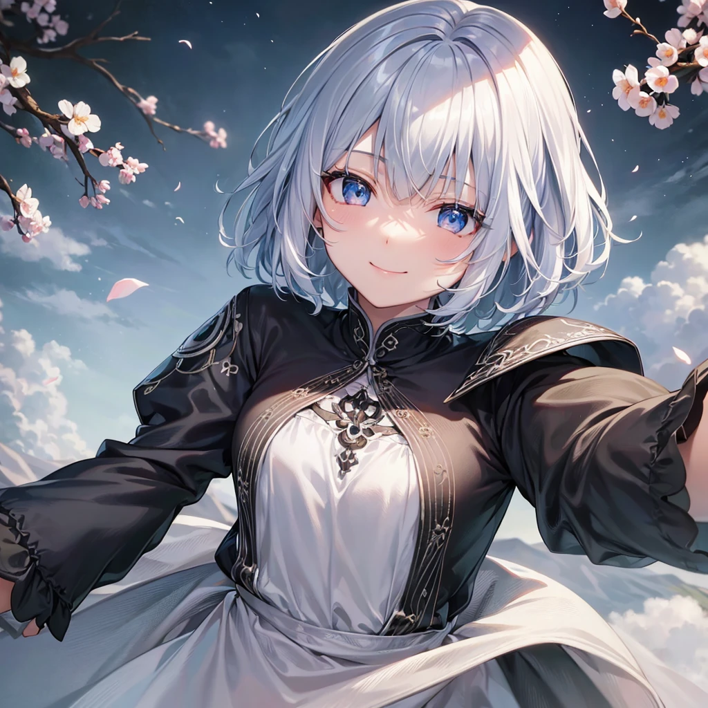 Ultra HD,Look at the viewers, Put your hands behind your back, With a girl, 20-year-old, 非常にShort Hair, Long bangs between the eyes, Pale blue eyes,  Very detailed,(masterpiece、Highest quality),Gray Hair、Laughter、Fantastic, Silver Hair, Iris,  Short hair、 Fluttering Hair、Small Face、明るいsmile、(Detailed face) ,Professional Lighting,Wonderful landscape,blue sky, sunlight,Looking down from above,Portraiture、Open your mouth、Flower Field、Her eyes were shining、Mysterious and enchanting atmosphere。With AI Painting、とてもShort Hair, Long bangs between the eyes, Very detailed,(masterpiece、Highest quality)、alone、Gray Hair、Fantasy, Silver Hair, Fantasyな風景、White shirt、smile、Open your mouth、short hair、Short Hair、hairpin、black eye、Grey Eyes、Beautiful Eyes、