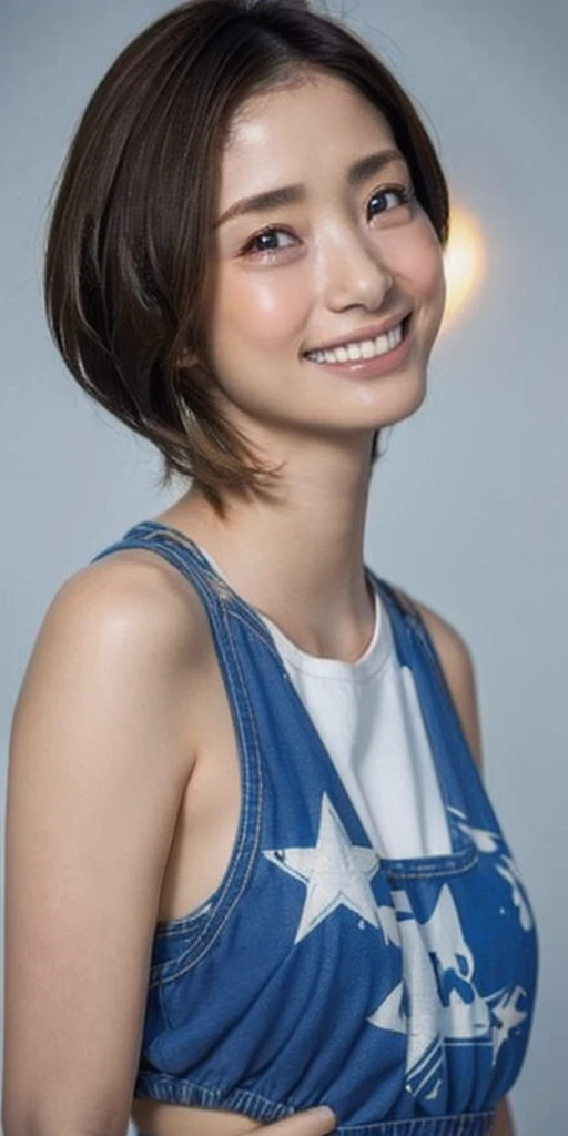 Highest quality, masterpiece, (Realistic:1.2), (uetoaya), smile, head shot, Backlight, Silhouette Lighting, Shirt lift, Tomboy, Brown pixie cut hair, Hair on one eye, blue eyes, front, Detailed face, Beautiful Eyes, Oily skin, Sweat a lot, Fitted, Stars and Stripes Bikini, Underbust, Santorini, Greece