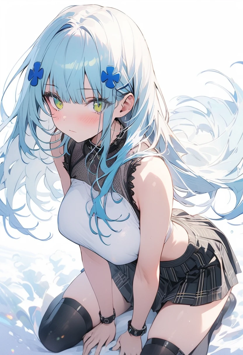 （(1girl))，(((high resolution))),((full body)),straight hair,large breatst,Masterpiece，Super detailed，((white background))，Cool look,((hk416)) ，childish appearance,(expressionless),blunt bangs,(Sky blue hair)，long hair，big breasts,Teenage Girls,Clear Eyes，Green Eyes,white skin,Great graphics,black thigh-high socks,plaid skirt,Delicate Features,white ,(NSFW),mini skirt,white women's shirts,(show panties)