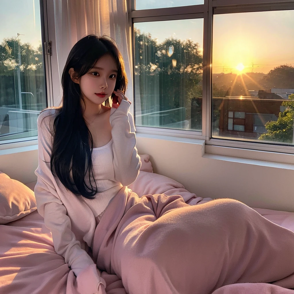 A girl was sitting on the bed with my penis in her mouth and staring at me when it was just dawn in the morning and the sun was shining through the window.