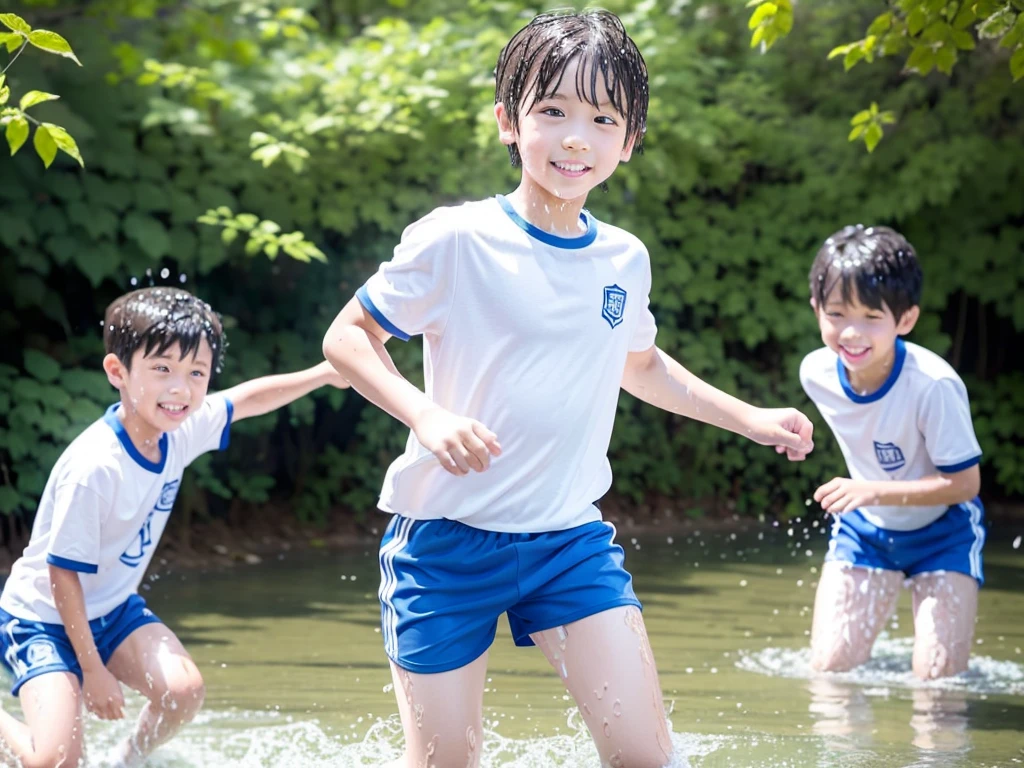 In the forest、Swimming in the river、Cool and refreshing water、Cute elementary school boy、１０Year old boy、Boy in gym clothes、The bottom of the white T-shirt is blue、Blue shorts、The boys are playing、Get wet all over、Noisy boys、Splashing Water、Japanese、（Boy 1.4）