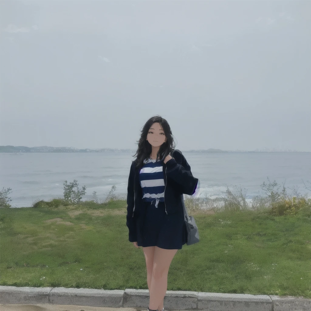 there is a woman standing on a sidewalk near the water, the ocean in the background, ocean in the background, standing beside the ocean, standing next to water, lake in the background, standing at the beach, at the sea, standing near the beach, near a jetty, casual pose, with a park in the background, very very highquality picture