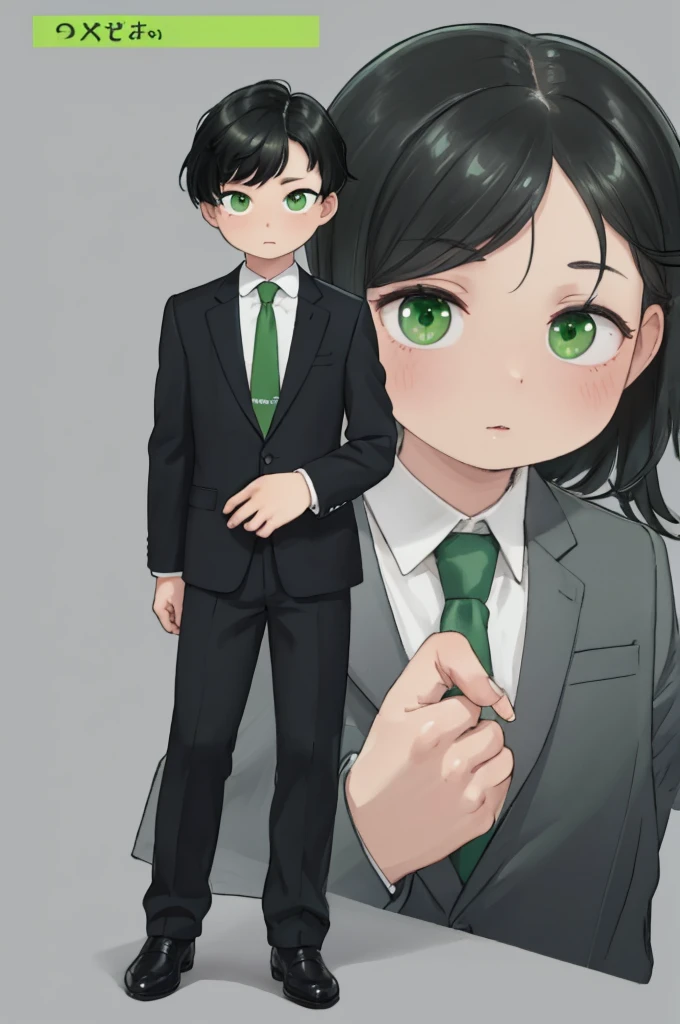 ((Highest quality)), ((masterpiece)), (detailed), whole body，standing，simple background，green eyes，black hair，black suit，green necktie，young boys