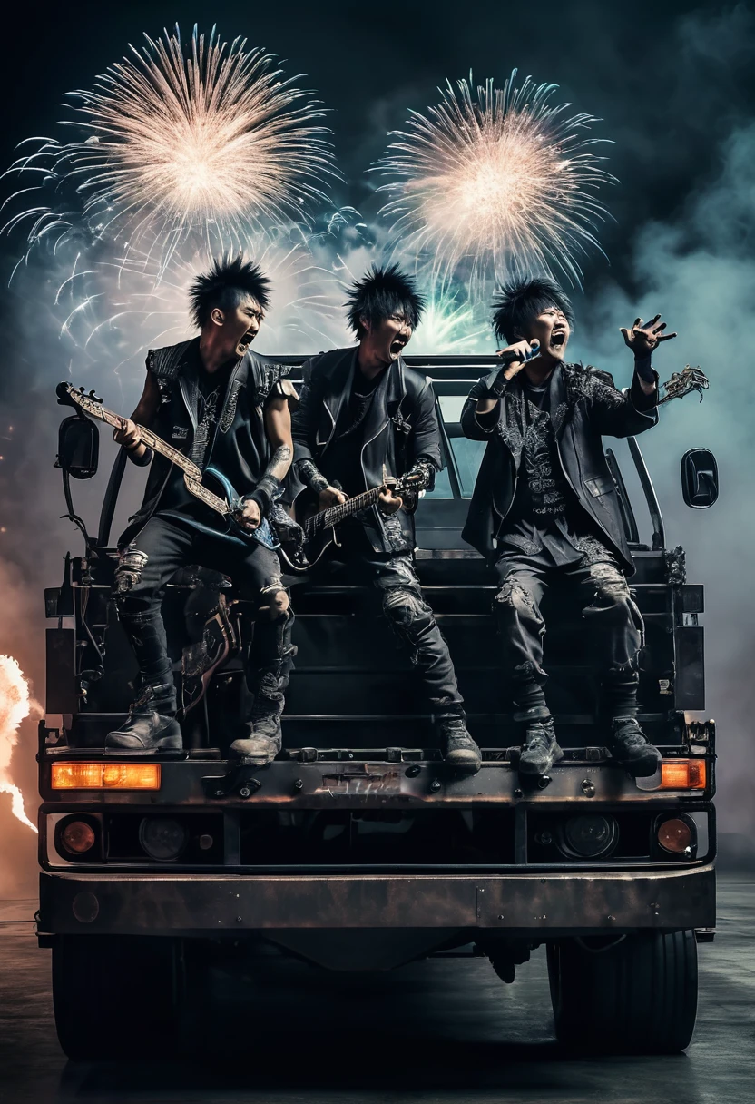 a japanese metal band members performing on a truck platform, fireworks,photorealistic, 4k, 8k, ultra-detailed, realistic, hyper-realistic, dramatic lighting, moody atmosphere, heavy metal music, intense facial expressions, dynamic poses, smoke, sparks, gritty industrial setting, rugged textures, muted color palette, cinematic composition, dramatic shadows, dramatic highlights