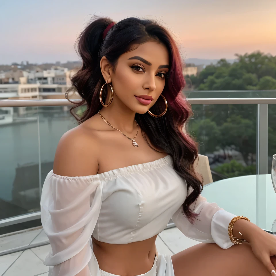 Create an ultra-realistic image of a modern, attractive female influencer of Indian descent, aged between 27 to 30. She should have a warm and inviting smile, expressive almond-shaped eyes with a slight shimmer, and clear, glowing skin with a medium brown complexion. Her features should be well-defined, with high cheekbones and a sharp jawline.
Her hair should be long, thick, and wavy, with a natural shine and bounce, styled in a sleek high ponytail with a bit of volume at the crown. The hair color should be a vibrant, warm red that’s eye-catching and bold.
She should have a slender yet athletic build, reflecting a healthy and active lifestyle, with a medium bust size (40-42 inches) that is balanced and proportionate. She is wearing a dusty rose organza saree with a white lace off-shoulder blouse that highlights her toned figure.
Her outfit is completed with stylish black heeled sandals that add elegance to her look. She accessorizes with subtle yet chic jewelry, such as small hoop earrings and a few thin bangles.
The background should be a romantic terrace with climbing roses and a sunset view, suggesting a serene and enchanting atmosphere.