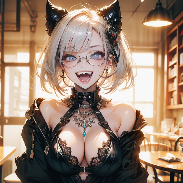 Highest quality,Highest Resolution,sexy,Short Bob,Very beautiful eyes,smile,Big Breasts,whole body,Glasses,Silver Hair,Brown Skin