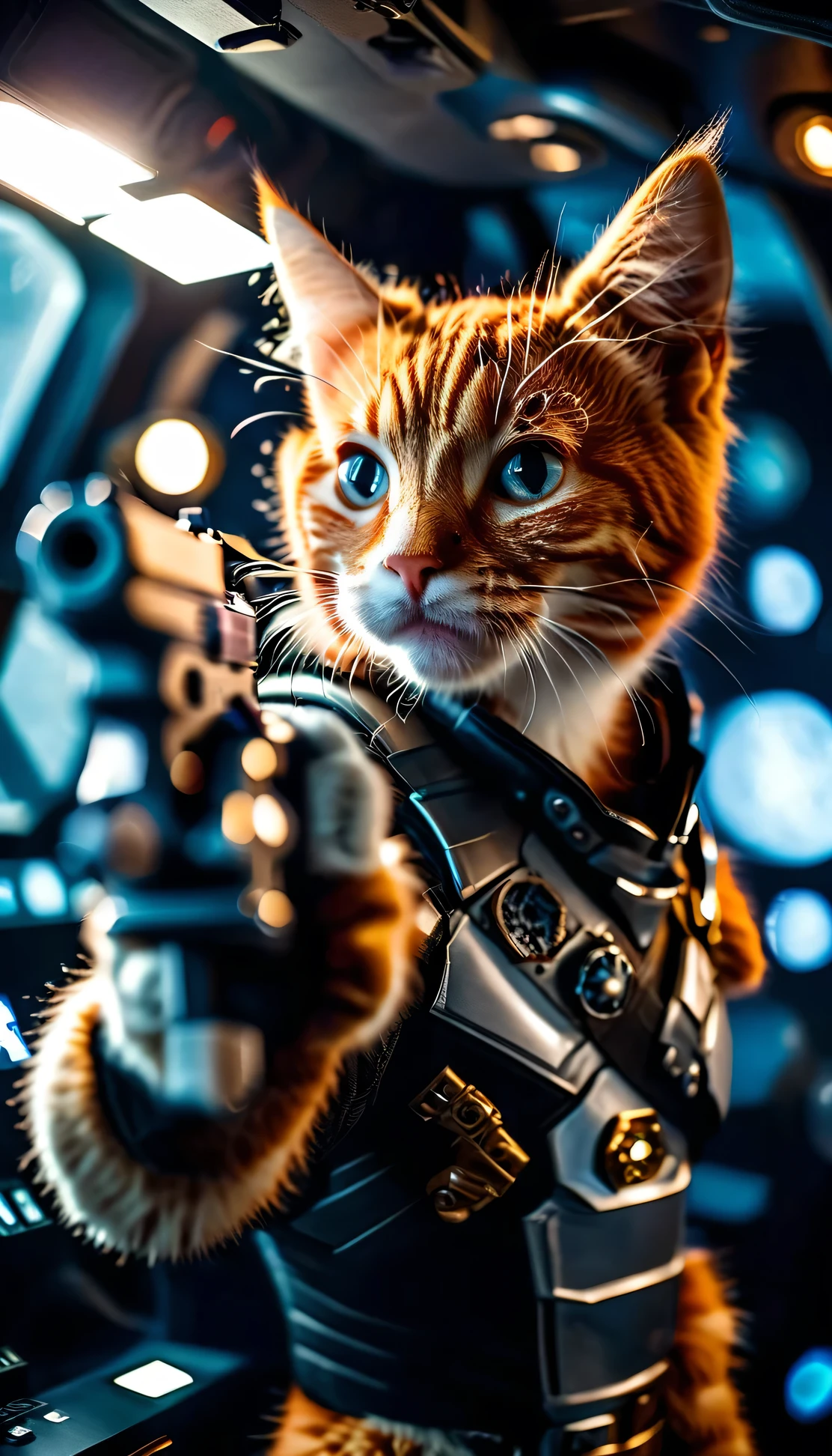 cinematic photo a detailed Award-winning photo, Cute red-haired cat space pirate in his spaceship ,Realistic fur, tooth , anger, Have a big futuristic gun, Epic pose, High quality photos, 3-point lighting, flash with softbox, 4K, Canon EOS R3, High resolution, Smooth, Sharp focus, High resolution, Award-winning photo, 80mm, F2.8, Bokeh . 35mm Photography, movie, Bokeh, Professional, 4K, Very detailed