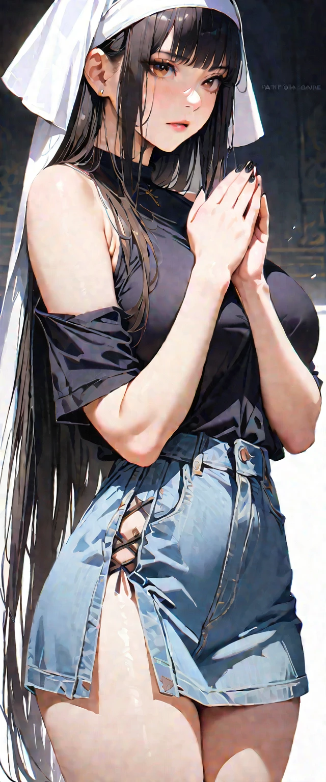 20 years old,1 mature woman,hyperrealistic, 8k, (extremely detailed 8k), (very delicate and beautiful), (masterpiece), (better quality:1.0), (ultra high resolution:1.0), (masterpiece, best quality),cute,black hair,cowboy shot,white background,realistic skin,hands together, pray,big breasts,expressionless,hime cut,black nail,extra long hair,nun