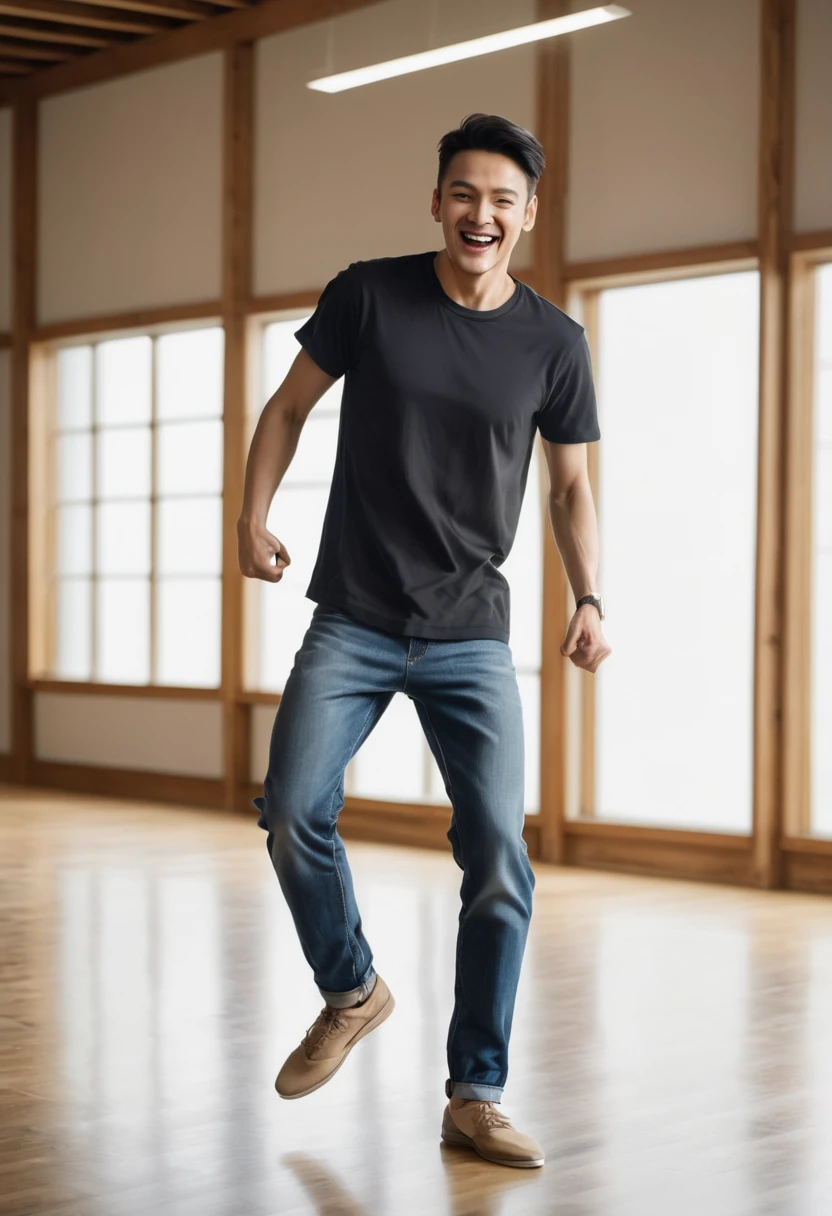 A man dancing, full-body shot, captured mid-movement. He is wearing casual dance attire such as a t-shirt and jeans, with a dynamic and energetic pose. The background is a simple studio setting with a wooden floor and mirrored walls, reflecting his movements. The lighting is bright and highlights his expressive motion and joyful expression.