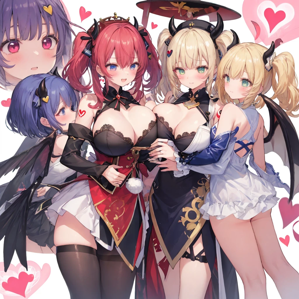 Details, ultra-detailliert, masterpiece, top-quality, Beautiful fece, A detailed eye, (3 women:1.4), Three Succubi (symmetrical succubus wings), (triplets:1.2), (ribbon:1.1), (two side up), tie, Bree, earrings, Suspicious face, (white background:1.3), alicious smile, Bruises and ugly facial features, young features, long-sleeve, fluffy sleeves, fluffy hair, (Open your mouth and laugh), Chiquita, Colossal tits, (Put your hands on your face), Ruffled uniforms, hair clips, (Ridicule:1.1), looking-down, Angle from behind, respected by women, (upward looking gaze:1.2), (hearts symbol:1.5), (lump of heart:1.5), (heart effect:1.5), (heart mark:1.5), demon tail, Devil's Taiuccubus, (super Colossal tits:1.3), (heart tattoo:1.3), Yodare, Devil's Tail, Chest Alignment, Girl Sandwich face sandwich (confused and blushing,kawaii facepose your ahegao), hug each other, catch them, そしてサンドイッチを作ってサンドイッチにhug each otherポーズ, burying boy's face in cleavage, sandwich from front and back, Sullen expression 4p, boy looking away
