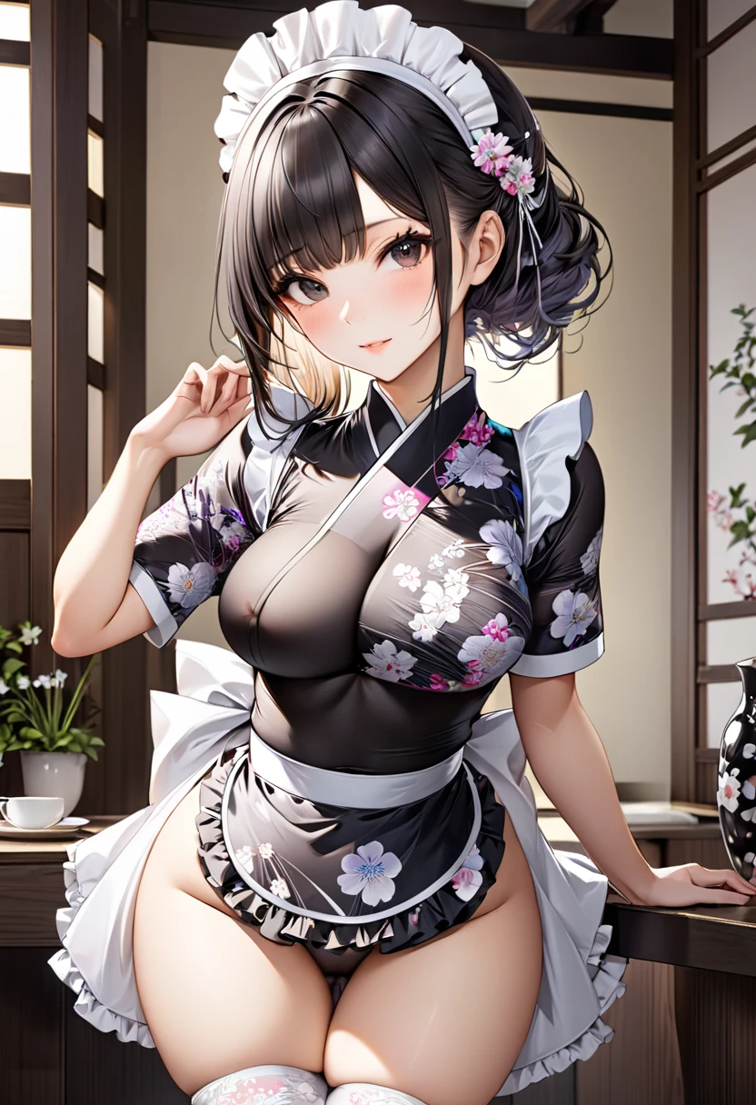 Young beautiful woman,(Highest quality,Extremely detailed depiction,Incredibly absurd high resolution,Anatomically accurate depiction,Nice hands, Perfect Fingers,Curvy Legs)(Sexy Japanese maid),(kimono,Maid clothes,Maid&#39;s Headband,garter belt,White Stockings),eyelash,Brightly glowing purple eyes,There is cleavage in the chest,Black Hair,Perfect body,Depict the whole body,background:Japanese-style room