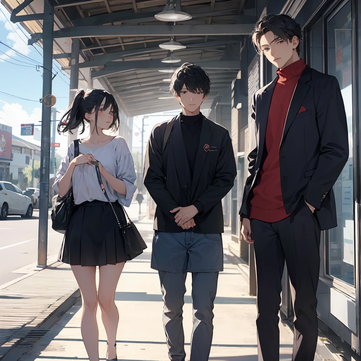 There are two universities on the left and right of the picture.,There are two people between the two schools,Two people passing by,One is a beautiful woman with black hair and big waves, 174cm tall,The other is a boy with brown curly hair,Height 183cm
