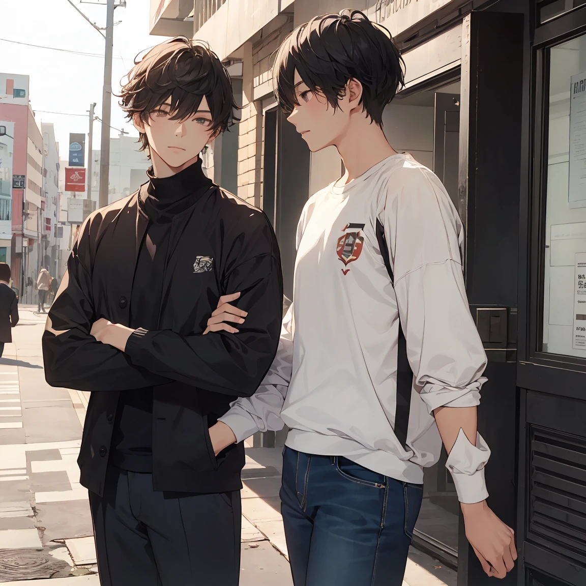 There are two universities on the left and right of the picture.，There are two people between the two schools，Two people passing by，One is a beautiful woman with black hair and big waves, 174cm tall，The other is a boy with brown curly hair，Height 183cm