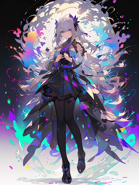 (masterpiece:1.2, highest quality), (Beautiful detailed eyes: 1.2), (Highly detailed CG Unity 8K wallpaper, masterpiece, highest quality, Super detailed, best shadow), (detailed background), (beautiful and detailed face, detailed and beautiful eyes), high contrast, (best illumination, very delicate and beautiful),,((Colorful paint splatters on transparent background, dulux,)), dynamic angle,beautiful delicate shine,full body, cowboy shot, gray hair, purple eyes,