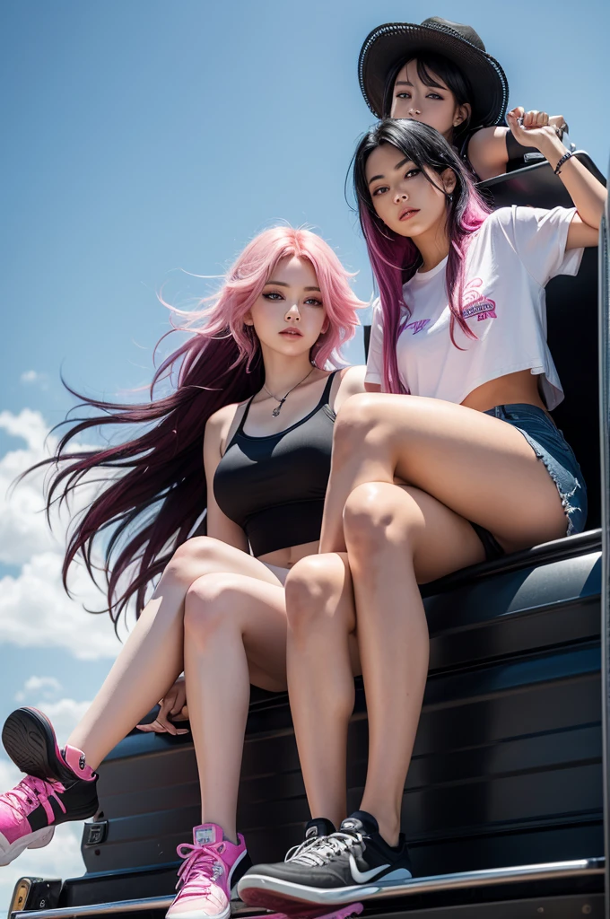 Couple of two women , one with pink hair the other with black hair sitting on top of a truck