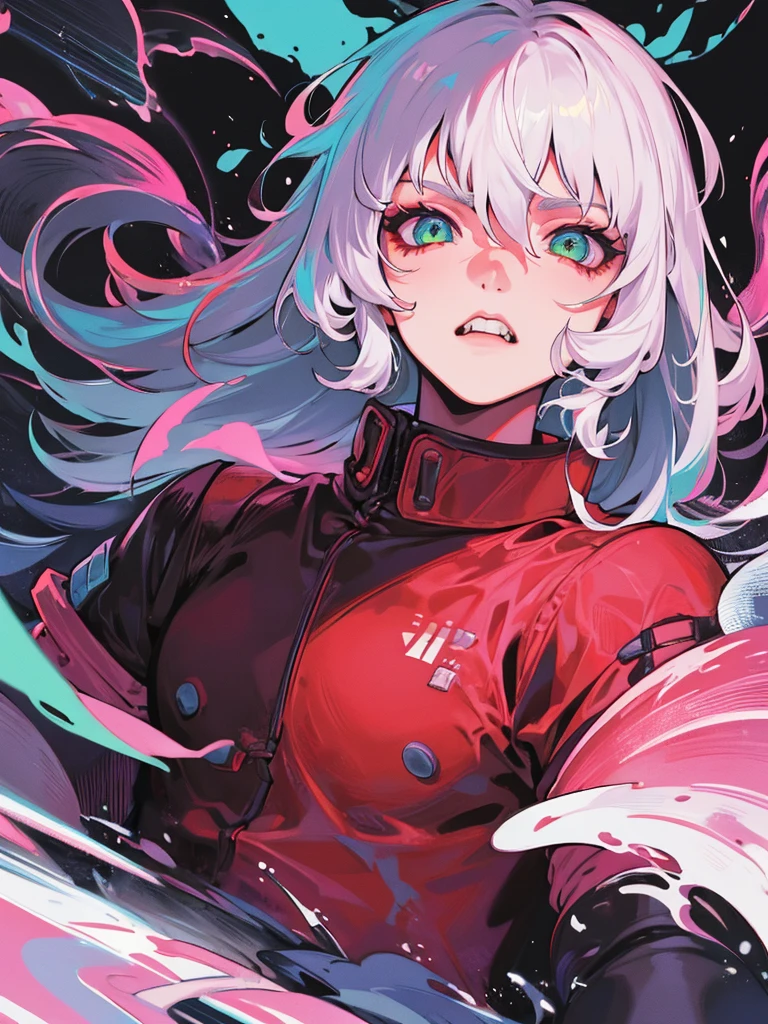 (masterpiece, best quality),(half body), 1 men, silver hair, green eyes , T-shirt , white shirt , Throat, wet with sweat, Six pack, pink nipples, Insidious, Sharp-eyed, fierce eyes, canine teeth,