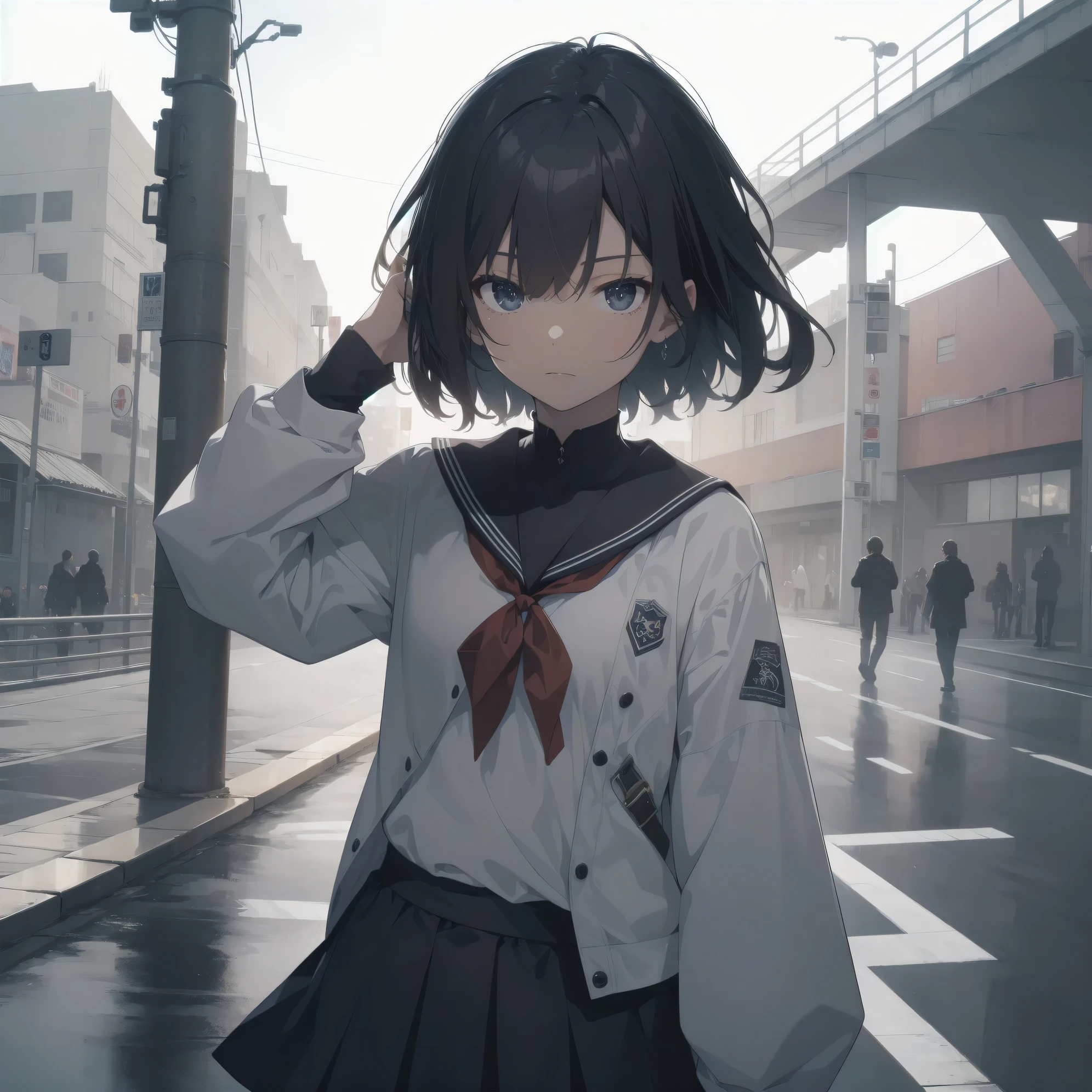 ultra-absurdres-Top quality by artist God, ultra-detailed, high resolution, anime moe artstyle, best anime 8k konachan wallpaper, pixiv contest winner, pool:2810, perfect anatomy,break, 1girl, (Please draw a girl walking sleepily to school alone. )break,(Solo,little female, 13-year-old:1.3),Full limbs, complete fingers,a junior high school student, (very short hair), short cut, flat chest, , small butt, small black eyes, beautiful detailed eyes, well-proportioned iris and pupils, expressive eyes, highres detailed hair, soft expression, salor school_uniform, sailor collar, serahuku, bow, pleated skirt,(Detailed Lighting), (Detailed background), in the School commute route. break,super detailed skin, Best cinematic lighting powered by famous artist, 8k,beauty illustration,photoshop_(medium),very aesthetic,break,((artist:yamamoto_souichirou )), artist:clamp ,artist:carnelian ,artist:kantoku ,
