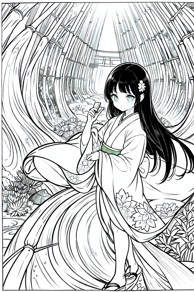 As a coloring book, the color should be black and white, the border should be simple, clear, and bold. A beautiful Asian girl with long, flowing black hair adorned with a delicate [flower hair ornament] is strolling through the picturesque [Arashiyama Bamboo Forest] in Kyoto, Japan. She is wearing a stunning [kimono with cherry blossom pattern], the vibrant colors contrasting with the serene green of the bamboo grove. The girl's expression exudes a sense of peace and tranquility as she immerses herself in the beauty of the natural surroundings.