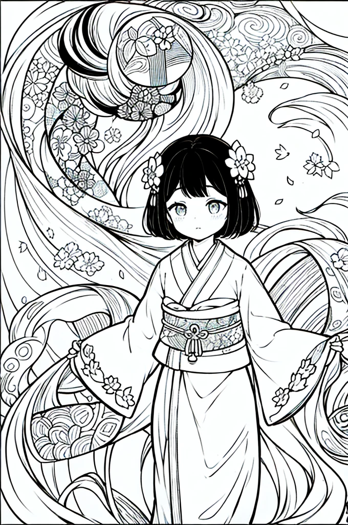 As a coloring book, the color should be black and white, the border should be simple, clear, and bold. A beautiful Asian girl with long, flowing black hair adorned with a delicate [flower hair ornament] is strolling through the picturesque [Arashiyama Bamboo Forest] in Kyoto, Japan. She is wearing a stunning [kimono with cherry blossom pattern], the vibrant colors contrasting with the serene green of the bamboo grove. The girl's expression exudes a sense of peace and tranquility as she immerses herself in the beauty of the natural surroundings.