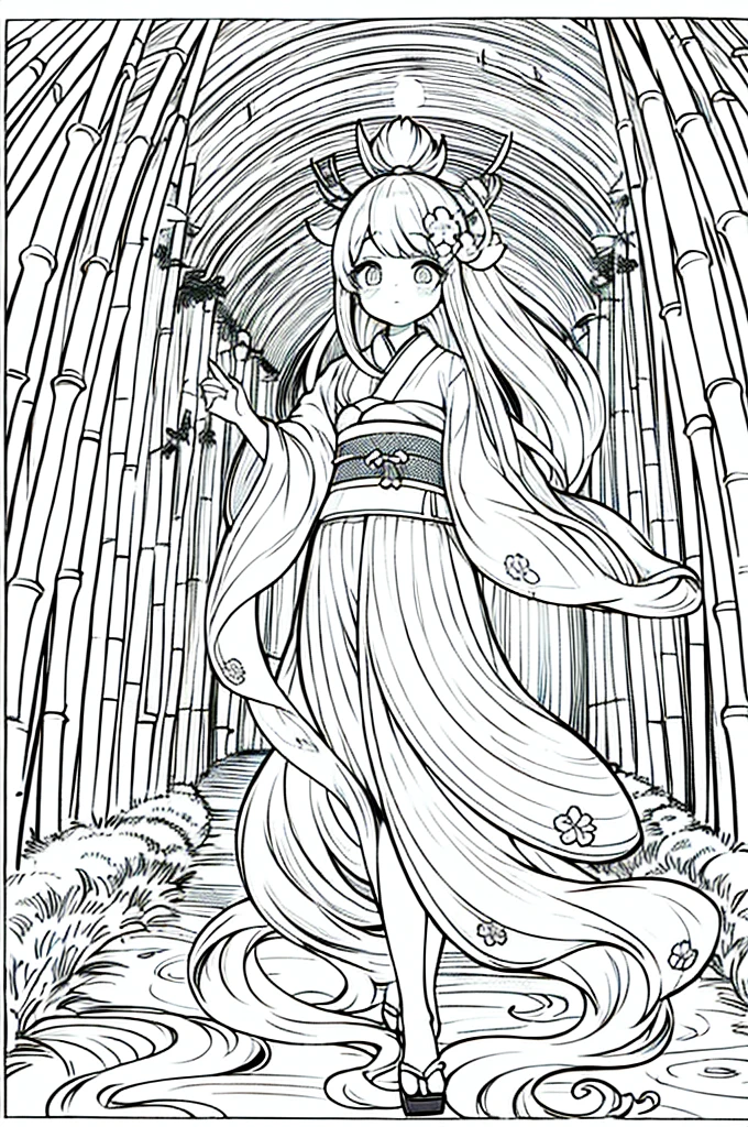 As a coloring book, the color should be black and white, the border should be simple, clear, and bold. A beautiful Asian girl with long, flowing black hair adorned with a delicate [flower hair ornament] is strolling through the picturesque [Arashiyama Bamboo Forest] in Kyoto, Japan. She is wearing a stunning [kimono with cherry blossom pattern], the vibrant colors contrasting with the serene green of the bamboo grove. The girl's expression exudes a sense of peace and tranquility as she immerses herself in the beauty of the natural surroundings.