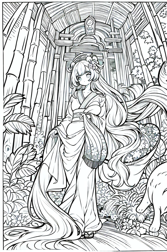 As a coloring book, the color should be black and white, the border should be simple, clear, and bold. A beautiful Asian girl with long, flowing black hair adorned with a delicate [flower hair ornament] is strolling through the picturesque [Arashiyama Bamboo Forest] in Kyoto, Japan. She is wearing a stunning [kimono with cherry blossom pattern], the vibrant colors contrasting with the serene green of the bamboo grove. The girl's expression exudes a sense of peace and tranquility as she immerses herself in the beauty of the natural surroundings.