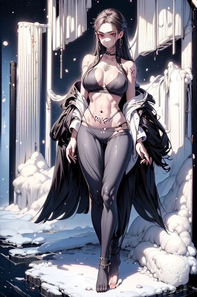 One woman, Perfect proportions, Anatomically correct, (Head to Toe: 2.0), (Full body image: 2.0), alone, (Black tattoo on lower abdomen:1.4), Full body image, Low rise, hot pants, Training Bra, Ankle socks, sneakers, Black Hair、semi-long、Waistline、Thighs、Tempered legs、Perfect body、Perfect hands、Perfect legs
