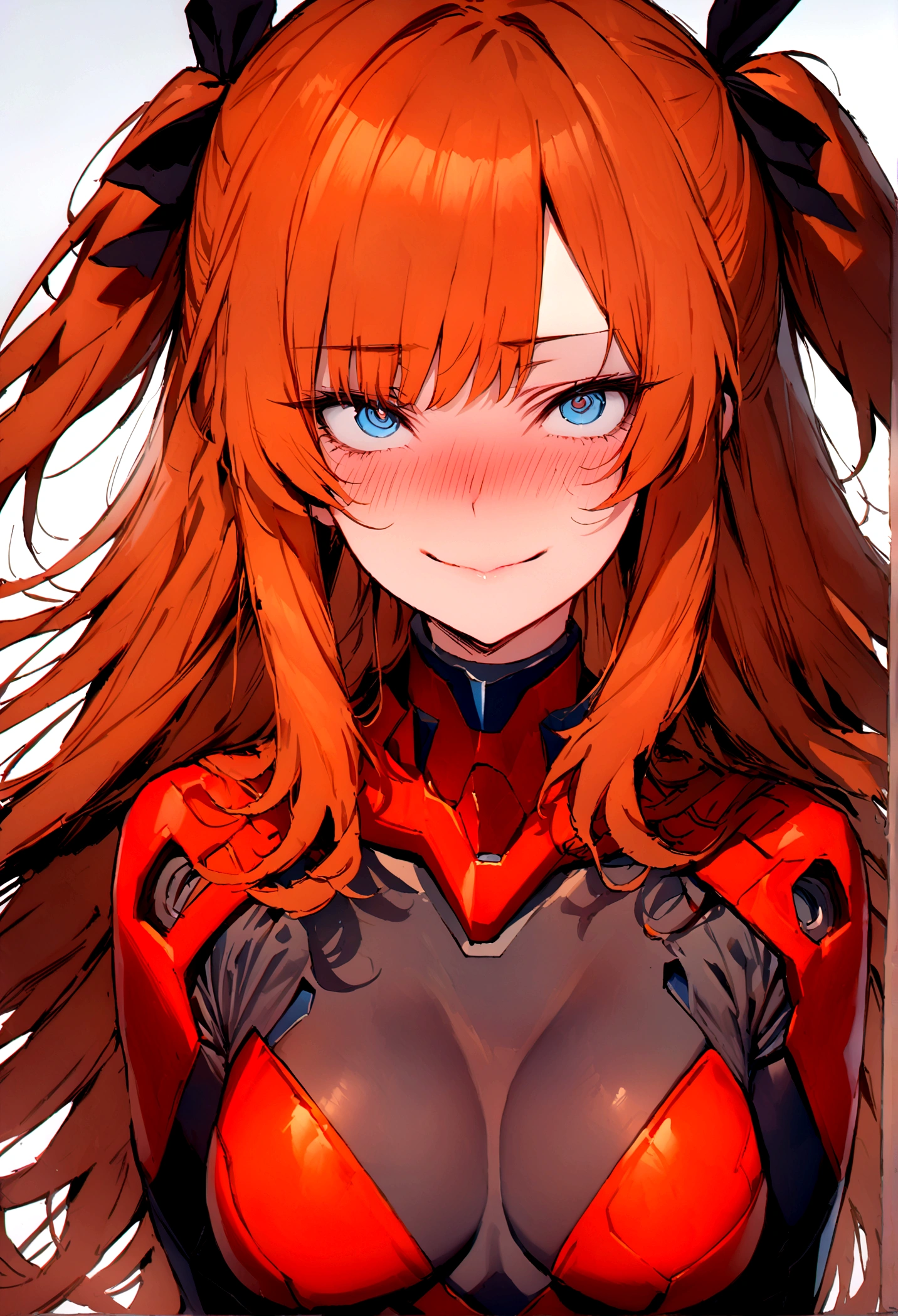 (masterpiece), best quality, expressive eyes, perfect face, 1girl, solo, blue eyes, dark orange Hair, Loose hair, hair ribbon, long hair, black ribbon, sidelocks, bangs two side up, smile, red skin-tight battle suit, slim figure, looking at viewer