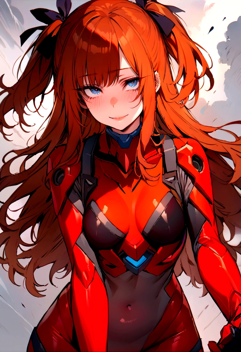 (masterpiece), best quality, expressive eyes, perfect face, 1girl, solo, blue eyes, dark orange Hair, Loose hair, hair ribbon, long hair, black ribbon, sidelocks, bangs two side up, smile, red skin-tight battle suit, slim figure, looking at viewer