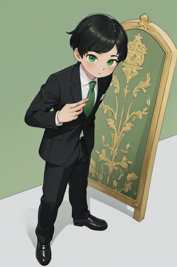 ((Highest quality)), ((masterpiece)), (detailed), whole body,standing,simple background,green eyes,black hair,black suit,green necktie,boy