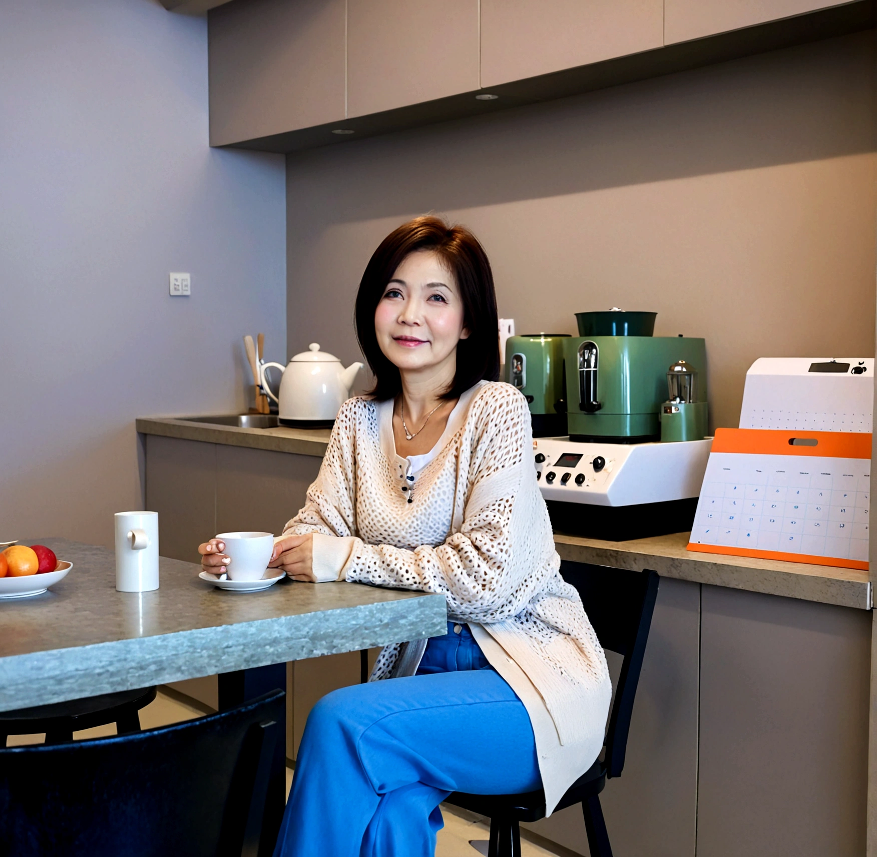 Beautiful Korean Woman , 32 inch chest size, Your eyes are big and pretty. Wearing a high-end luxury brand cardigan, casual beige pants, short medium hair, Smile. sitting on kitchen table , uhd