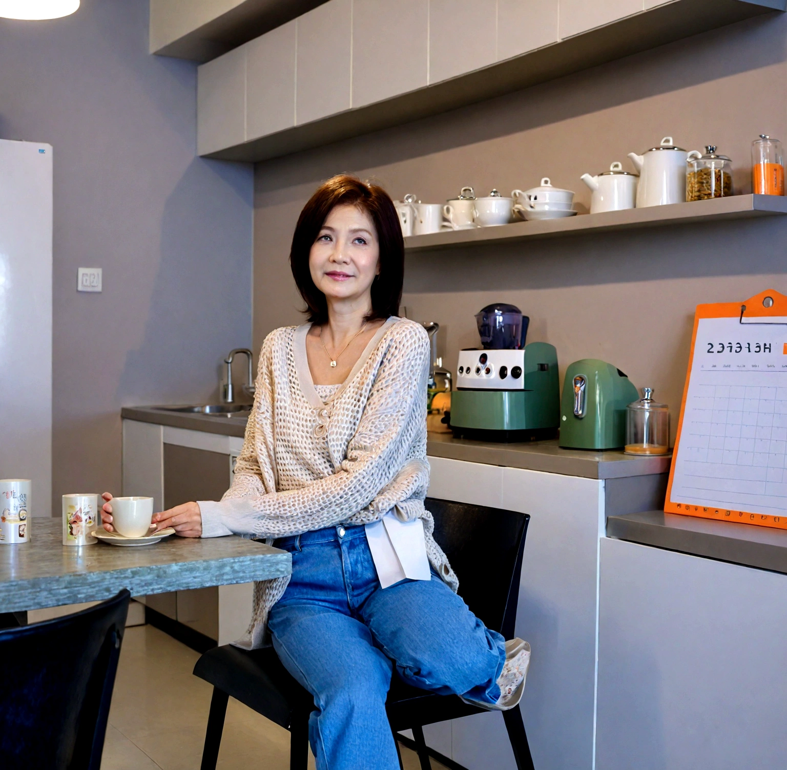 Beautiful Korean Woman , 32 inch chest size, Your eyes are big and pretty. Wearing a high-end luxury brand cardigan, casual beige pants, short medium hair, Smile. sitting on kitchen table , uhd