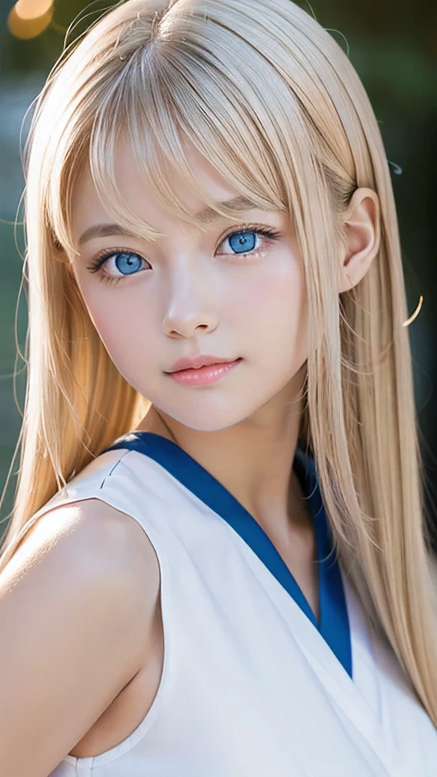 15 year old beautiful blonde girl、A beautiful girl、Very adorable face、Very lovely face、Bright expression、Authentic photo quality、Extraordinary sexy beauty、white, Shiny smooth Very white and bright skin、 ponytail、beautiful bangs、((Smooth, shiny, super long, natural blonde)),Super long, straight, silky hair、Looking at the camera、Very perfect cute beautiful sexy young tiny woman、Very perfect beautiful and cute face、beautiful, clear, Big eyes、Light blue eyes、Big and ample breasts、、Japanese Sailor Suit、Pretty face、Small Face Beauty、Gloss Face、Cheek gloss、Big, bright, marine blue eyes