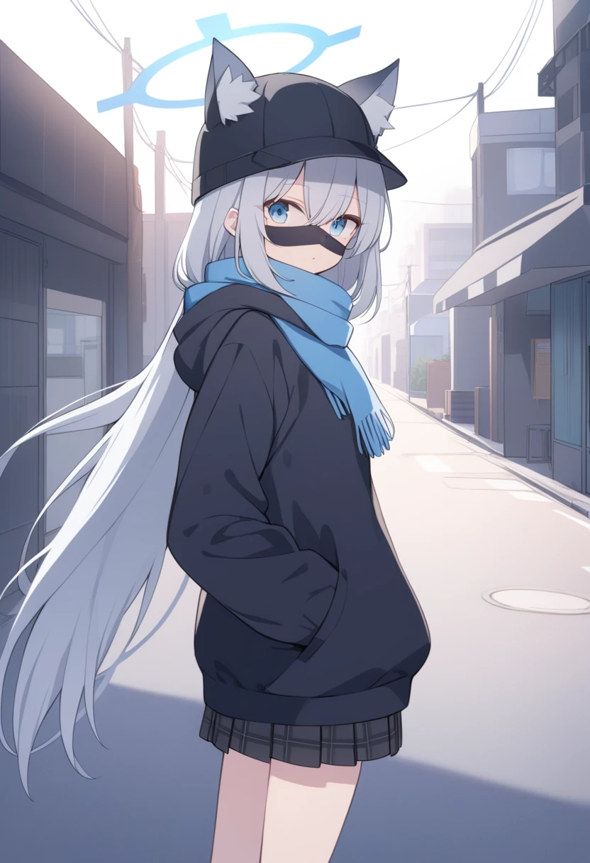 girl，Silver long hair, blue eyes, Wearing black sweatshirt,Wearing a black mask，A sky blue scarf, Black gloves, And black plaid skirt, On empty streets，A laid-back expression, blue halo，black hood，Black cap，Gray wolf ears，morning，Put your hands in your pockets