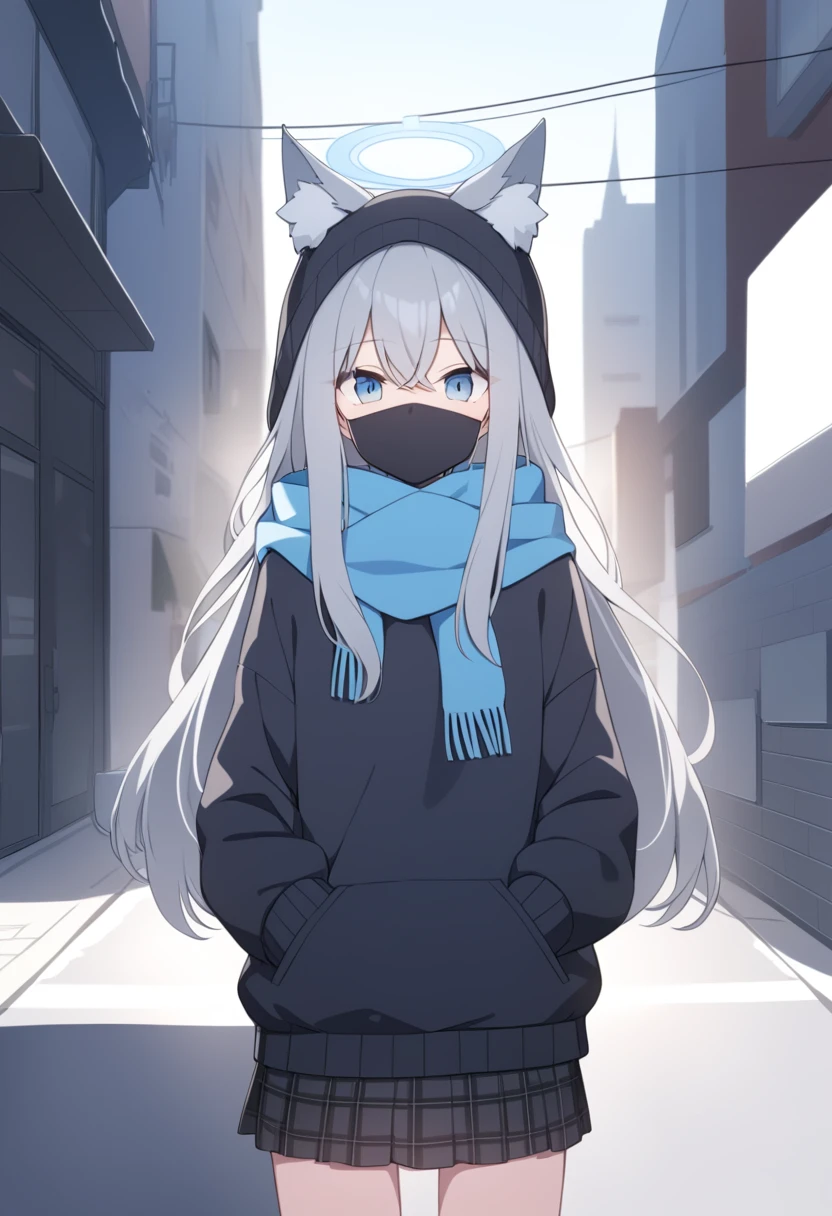 girl,Silver long hair, blue eyes, Wearing black sweatshirt,Wearing a black mask,A sky blue scarf, Black gloves, And black plaid skirt, On empty streets,A laid-back expression, blue halo,black hood,Black cap,Gray wolf ears,morning,Put your hands in your pockets