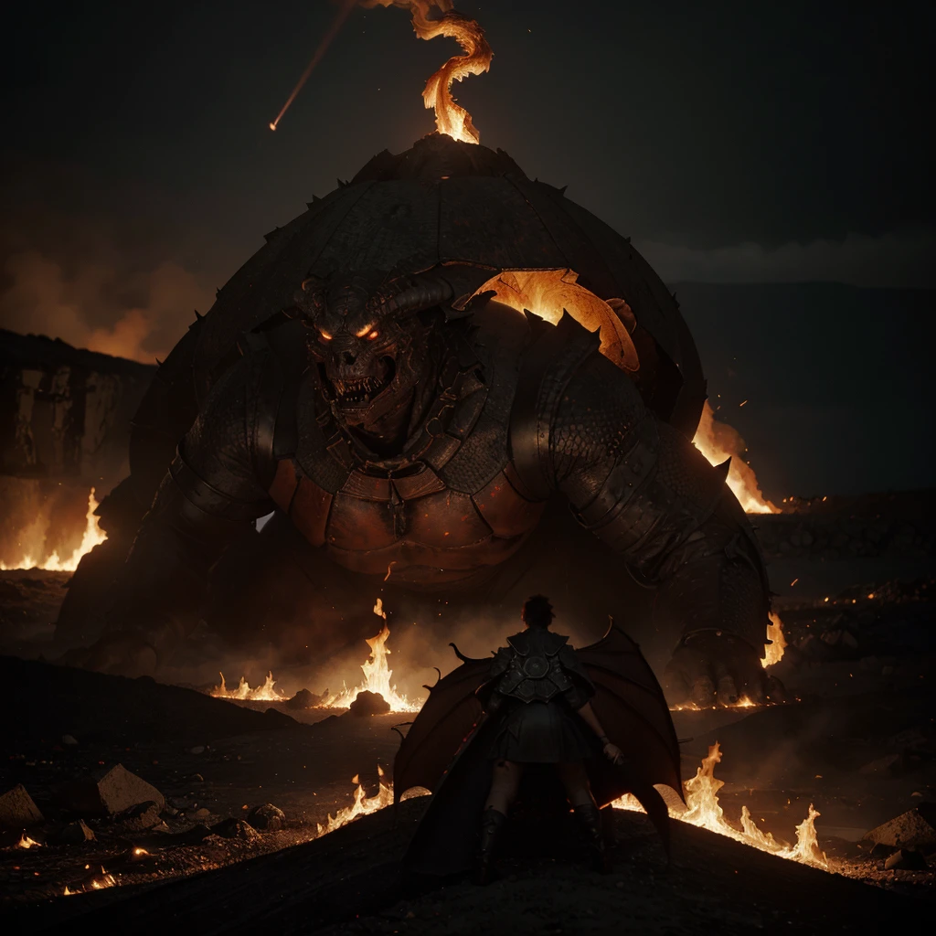 hellscape, fire, lava, scattered bones, intense smoke, dark atmosphere, despair, danger, massive turtle shell, snake tail, dragon-like head, sharp eyes, dragon horns, ominous aura, brave man, large broadsword, ready to fight, firelight silhouette, tension, confrontation, flames, dark sky, red and orange streaks, anthropomorphic, photo real, Shot on a 50mm lens, classic composition, masterpiece, exquisite, color correction, amazing visual effects, crazy details, intricate details, sharp focus, super high effect, HD, 16k