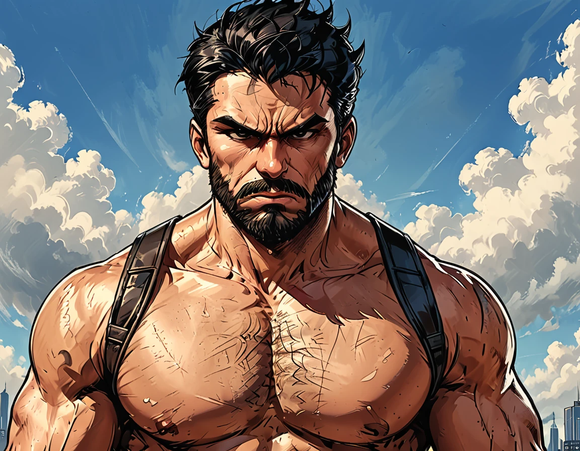 angry portrait of a man in the sky,  ((blue sky)), ((cloud)),backpack straps, man, Adult, Italian, Mesomorph Muscular body, perfect Olive skin, short Muscular neck, Rectangle faces, broad Muscular shoulders, Attached  Cupped Symmetrical Ears, Low Forehead, black short combed back hair, Fleshy nose, Bold Tapered black Eyebrows, High Angular Symmetrical Prominent Cheekbones, Heart-Shaped Cheeks, triangular Chin, Angular jawline, brown Upturned eyes, Thin nude Lips, Designer Stubble black whiskers, triangular black hair beard, big muscles,  graphic style of novel comics style,dark novel style, comic style, 2d, 8k, hyperrealism, masterpiece, high resolution, best quality, ultra-detailed, super realistic, Hyperrealistic art, high-quality, ultra high res, highest detailed, lot of details, Extremely high-resolution details, incredibly lifelike, colourful, soft cinematic light,