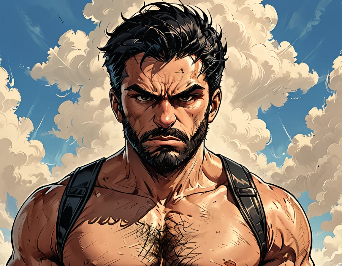 angry portrait of a man in the sky,  ((blue sky)), ((cloud)),backpack straps, man, Adult, Italian, Mesomorph Muscular body, perfect Olive skin, short Muscular neck, Rectangle faces, broad Muscular shoulders, Attached  Cupped Symmetrical Ears, Low Forehead, black short combed back hair, Fleshy nose, Bold Tapered black Eyebrows, High Angular Symmetrical Prominent Cheekbones, Heart-Shaped Cheeks, triangular Chin, Angular jawline, brown Upturned eyes, Thin nude Lips, Designer Stubble black whiskers, triangular black hair beard, big muscles,  graphic style of novel comics style,dark novel style, comic style, 2d, 8k, hyperrealism, masterpiece, high resolution, best quality, ultra-detailed, super realistic, Hyperrealistic art, high-quality, ultra high res, highest detailed, lot of details, Extremely high-resolution details, incredibly lifelike, colourful, soft cinematic light,