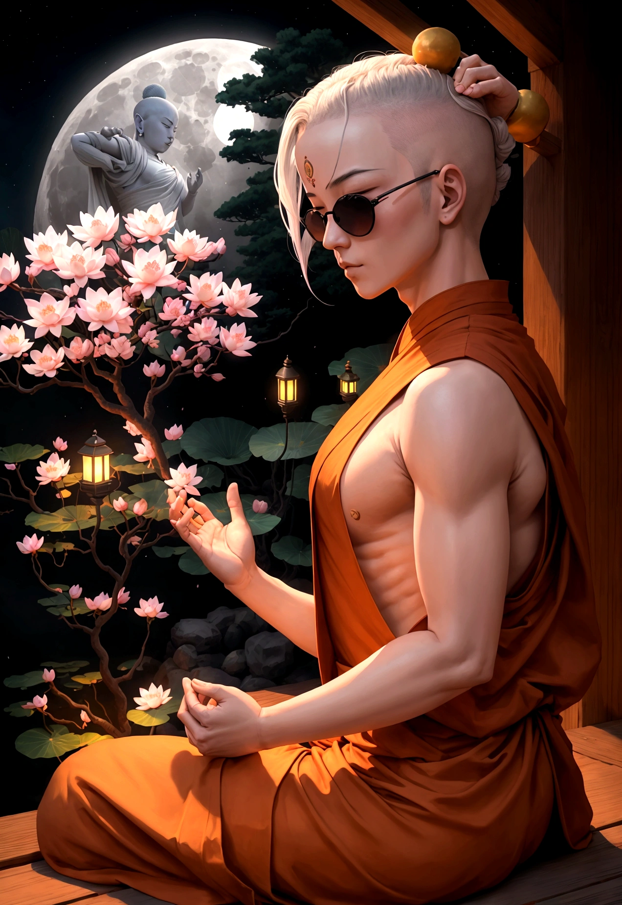 A monk is meditating, Cherry blossom garden at night, Full moon and lotus, close your eyes、The Buddha is watching、One Punch Man、sunglasses