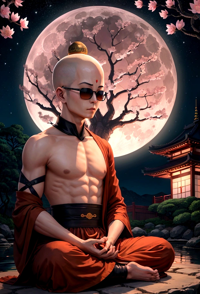 A monk is meditating, Cherry blossom garden at night, Full moon and lotus, close your eyes、The Buddha is watching、One Punch Man、sunglasses